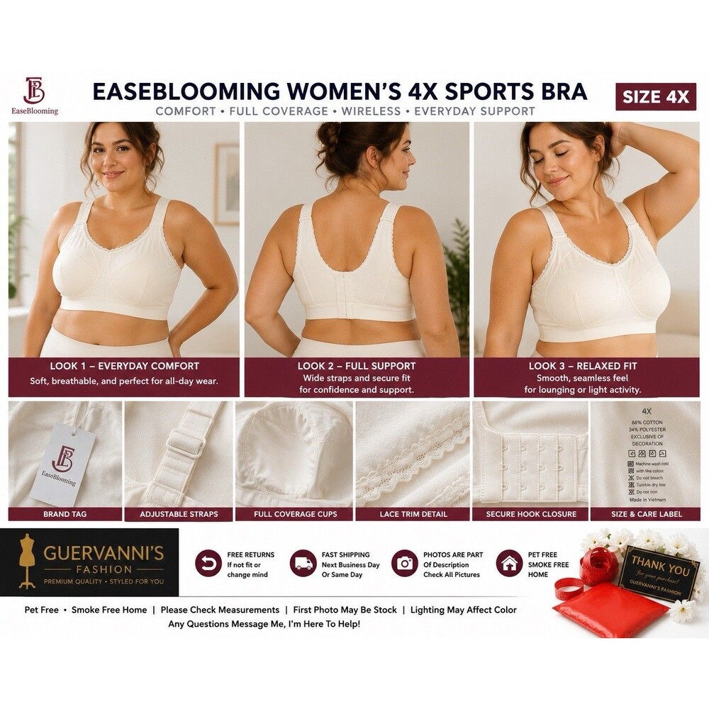 NWT EaseBlooming Womens Off-white Front Close Wrap Style Wirefree Bra 4X Comfort